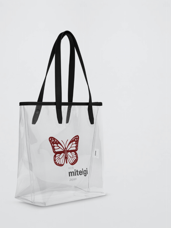 Genflex gender neutral unisex Men’s man mens Women’s woman womens summer vacation holiday getaway Beach Festival gear shopping transparent Clear Tote Bag with maroon color butterfly animal silhouette print and miteigi logo in black gray bags