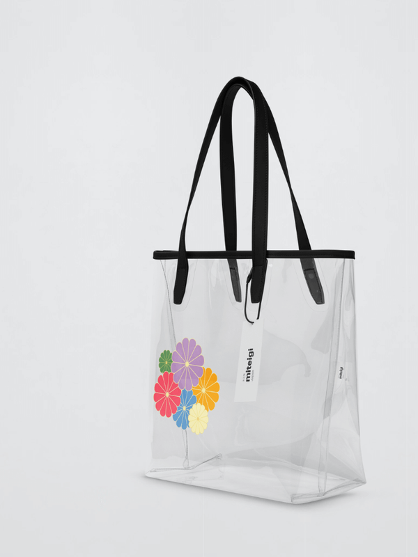 Genflex gender neutral unisex Men’s man mens Women’s woman womens Japanese Chrysanthemum floral summer vacation holiday getaway Beach Festival gear shopping transparent Clear Beach Tote Bag with multi color sakura flowers silhouette print and miteigi logo in black gray bags