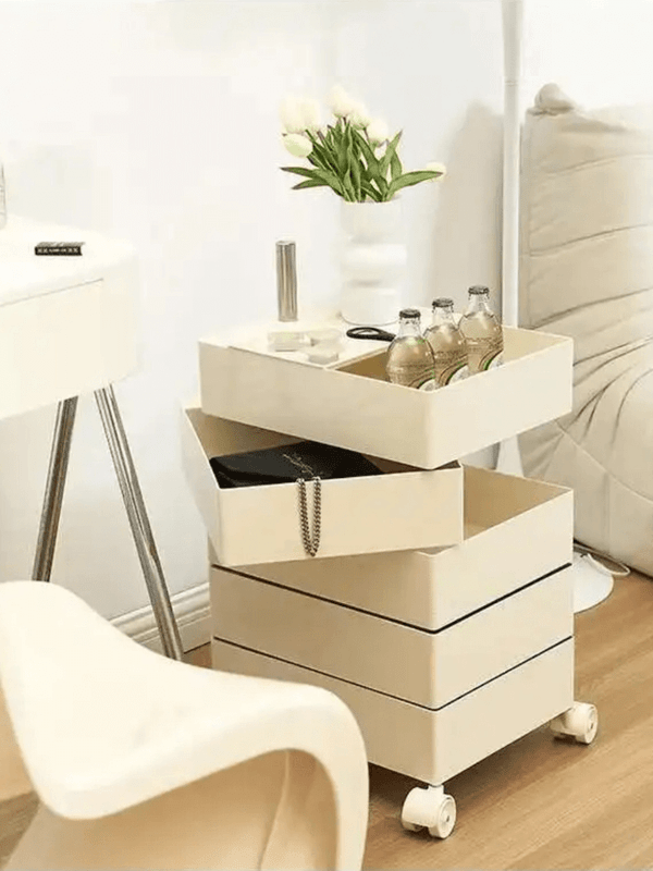 Home Living Room Bedroom 360° Container storage drawers Cosmetic organizers Movable rotating drawers storage cabinet with 360° degree castor wheels Bedside side Table Cabinets in beige-cream