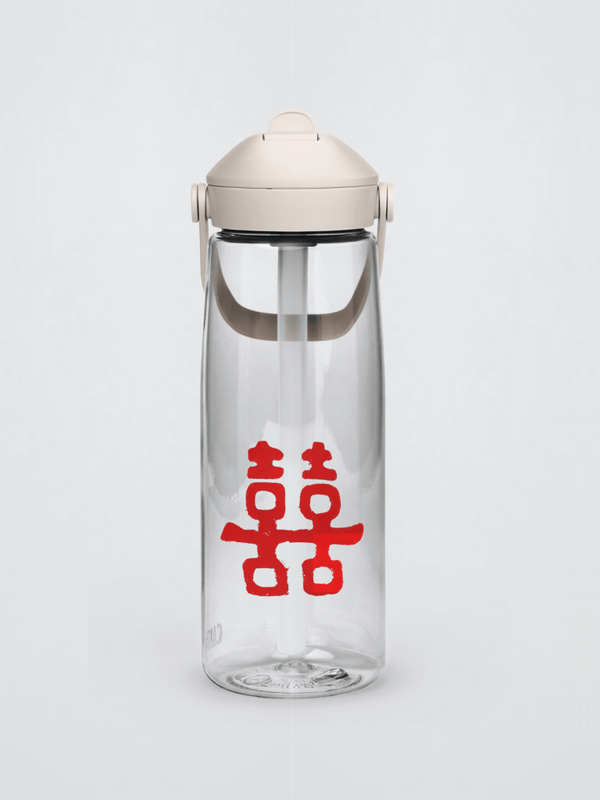 Sports Flip Straw Water Bottle miteigi fest gig   Traditional Japanese double heart letter print miteigi festival gig gear by miteigi gear flasks bottles transparent clear with red text and with Straw Lid