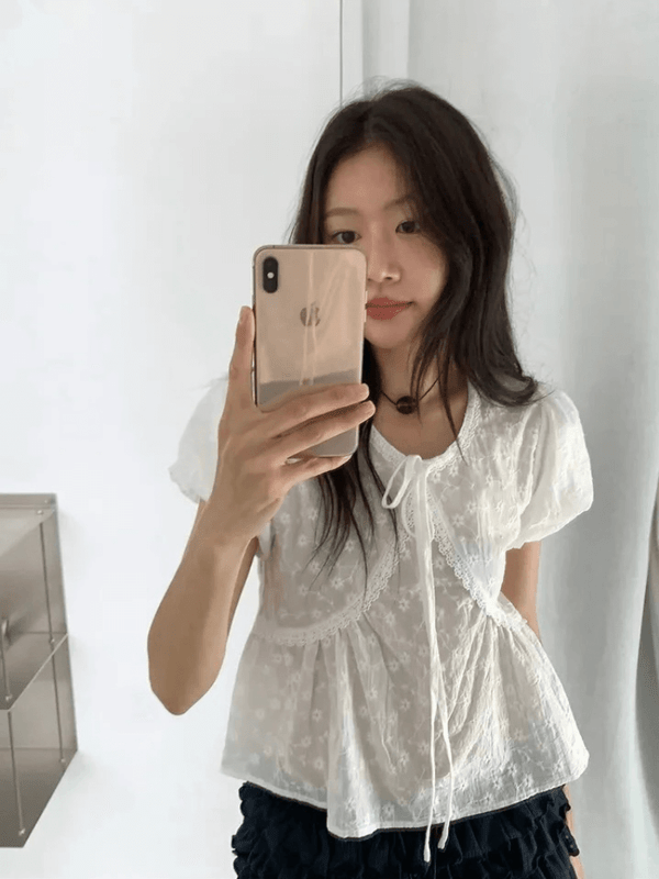 Women’s woman womens Chic indie embroidered floral flowers lace trim scoopneck V-neck fairy wings bow tie-up scoop neck short bubble sleeve shirt Summer holiday getaway vacation Breathable comfortable casual Busin Office workwear blouses Tops in white