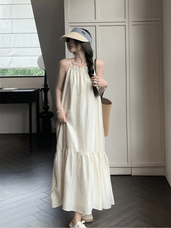 Women’s woman womens small-, tall-, plus-, size Laid-back French look style sleeveless spaghetti straps square neck ruffles pleated hanging summer high sensation loose pleats ruffled A-line covering strap square-neck midi dresses in white