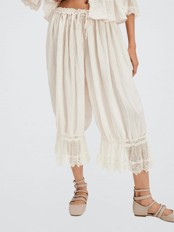 Women's woman womens Summer holiday vacation getaway Y2K loose fit drawcord drawstring high rise waist floral lace patchwork calf-length lantern trousers bloomers Cropped pants in white