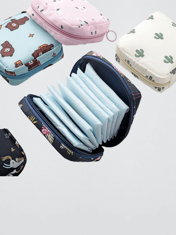 Women’s woman womens Sanitary Napkin Tampon zipper close Storage Bag Portable Waterproof Organizer Pouch Cartoon Pattern Sanitary Napkins tampons Bags zip-up Pouches Purses in Beige Cactus, Blue Flamingo, Blue Bear, Yellow Ice Cream, Pink Flower, Black Lemon, Pink Peach designs