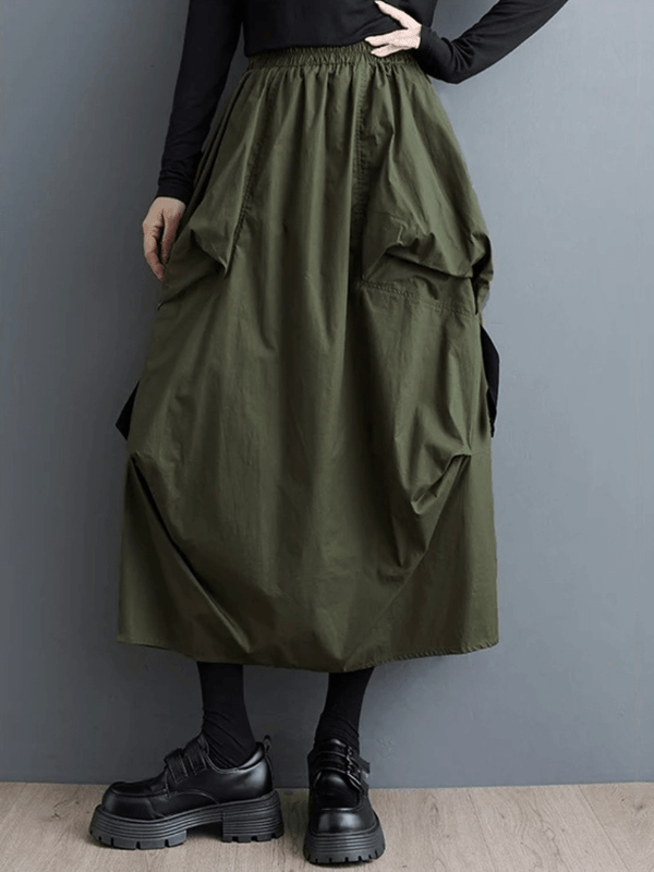 Women’s woman womens Folds pockets patchwork solid color elasticated high rise empire waist Loose mid-calf all-match slimming bell skirts in bottle olive green
