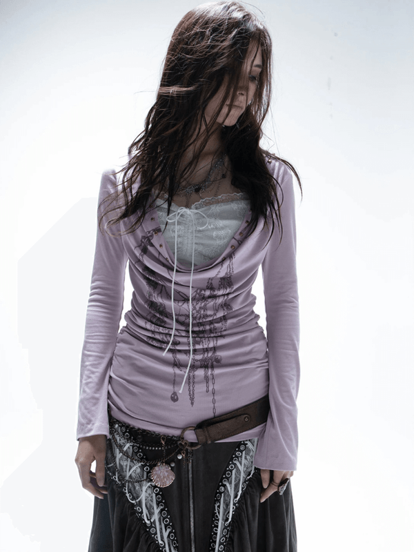 Women’s woman womens petite size Japanese Y2k Grunge Aesthetics Crewneck graphic Tattoo Print Fake Two-piece Tops Trashy 2000s Style Streetwear Black Gothic Punk fashion streetwear style crew round O-neck long sleeves lace scoop-neck bow tie-up v-neck T-shirts in lilac purple with white