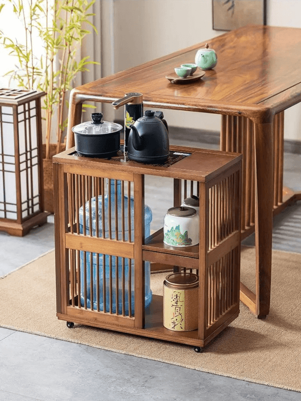 Chinese style mobile table small tea table home tea water cabinet tea set cabinets with electric stovetop heater in natural brown wood