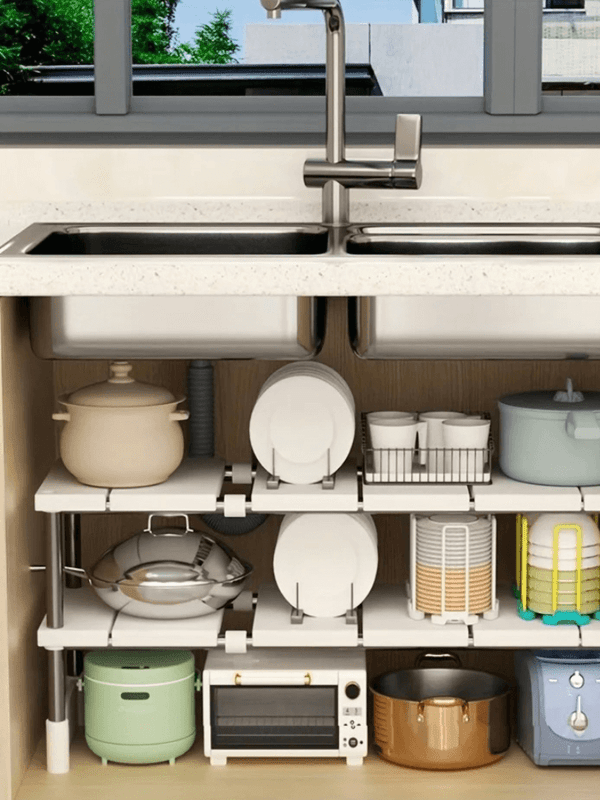 Adjustable Under Sink Storage Rack, Expandable Kitchen & Bathroom Cabinet Organizer, Durable Space-Saving Multi-Layer Pot Holders
