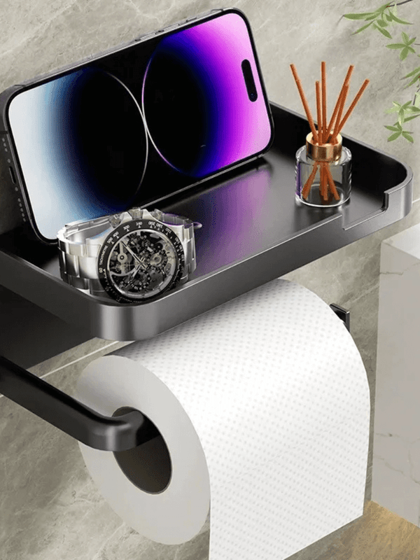 Adhesive Wall Mounted Toilet Paper Holder with Storage Hooks Multifunctional Organizer for Towel Phone Watch Home Hotel Bathroom with shelf in black, Gray grey, white