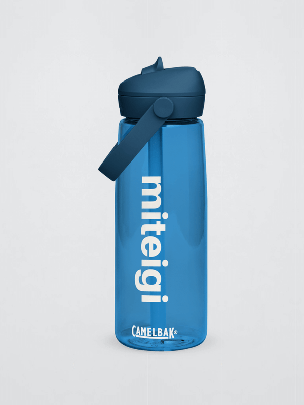 Sports Flip Straw Water Bottle miteigi fest gig   Letter print logo miteigi festival gig gear by miteigi gear flasks bottles in oxford blue semi-transparent semi-clear with white text and with flip Straw Lid