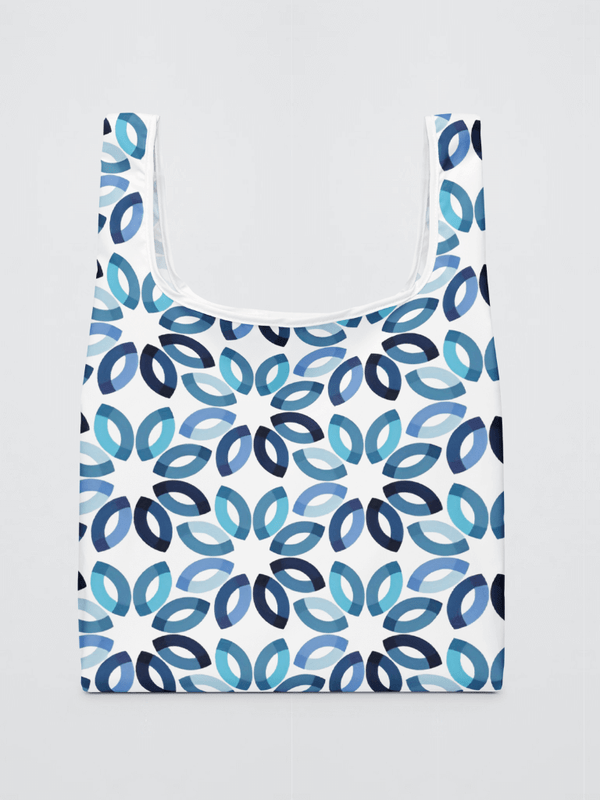 Genflex gender neutral unisex Men’s man mens Women’s woman womens Japanese geometric summer vacation holiday getaway Beach Festival gear shopping Beach Tote Bag with blue multi color silhouette print and miteigi logo in black gray bags