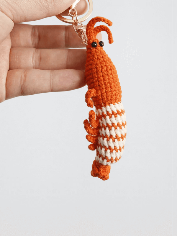 Cute Knitted Shrimp Cartoon Mini Hand Car Keyring Lovely Backpack Handbag Pendant Couple Keyholder Keychains Charm in orange white stripes