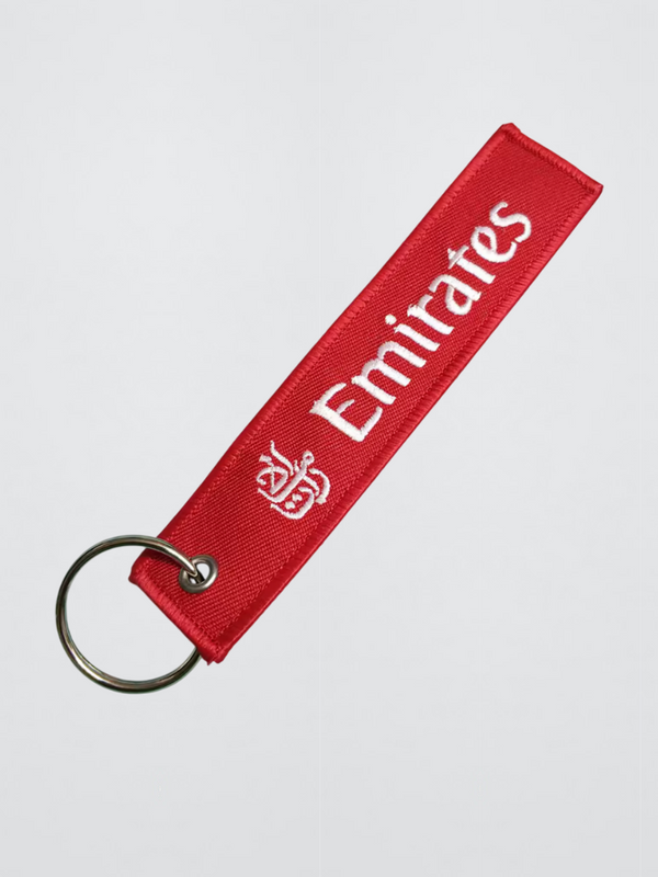 Emirates Airlines Keychain Embroidered logo with stainless steel silver metal clip Key Chain Airplane Keychains Flight Crew Pilot Aviation memorabilia in white with red accent