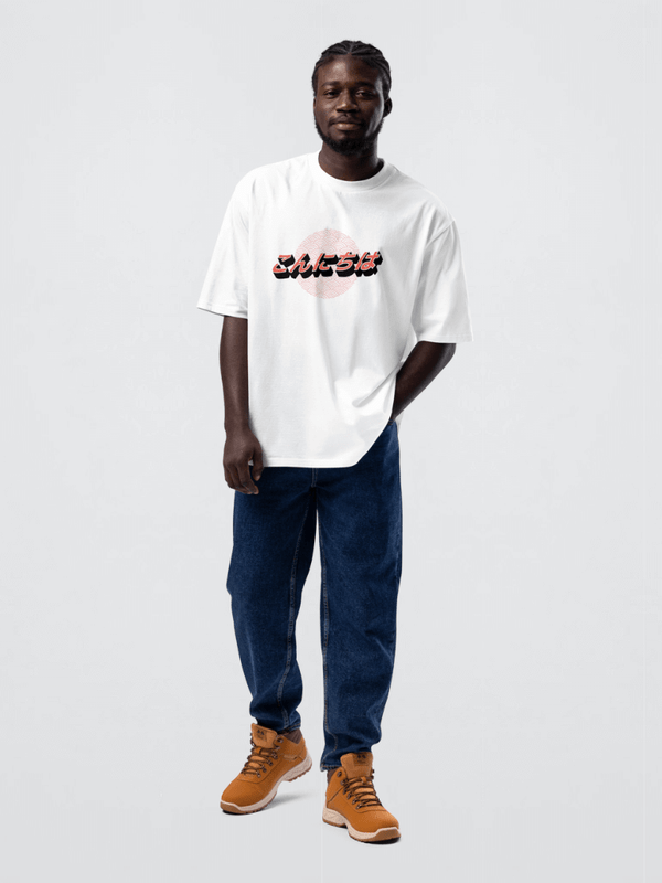 Genflex gender neutral unisex Men’s man mens Women’s woman womens petite-, tall-, plus-, size Graphic Crewneck Heavyweight T-Shirt こんにちは Hello logo print round crew O-neck short sleeves Oversized Japanese T-Shirts in white