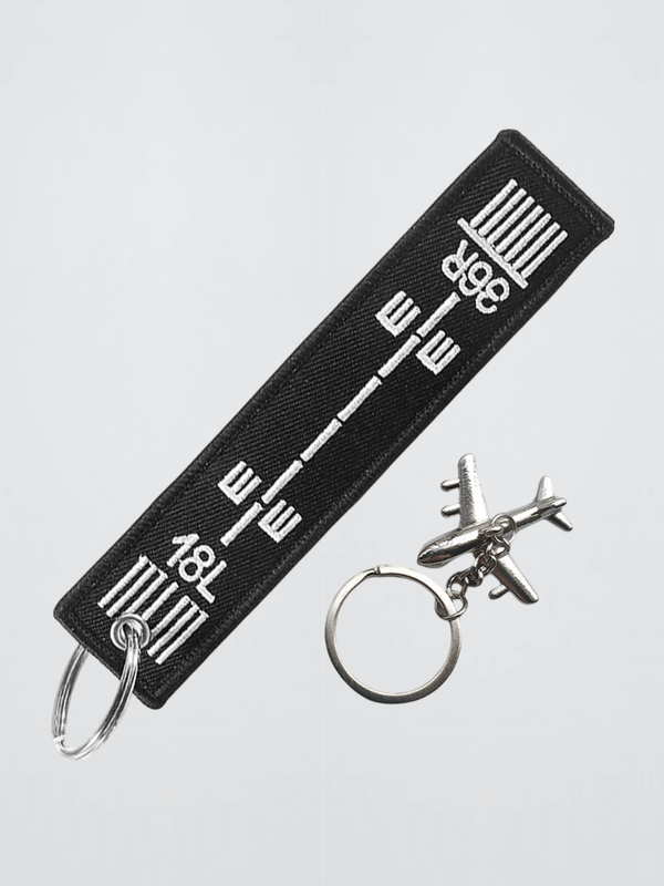 Airport Runway 39R 18L + Airplane Keychain Set Embroidered logo with stainless steel silver metal clip Key Chain Airplane Keychains Flight Crew Pilot Aviation memorabilia in black with white accent