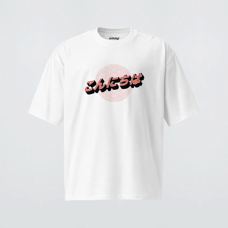 Genflex gender neutral unisex Men’s man mens Women’s woman womens petite-, tall-, plus-, size Graphic Crewneck Heavyweight T-Shirt こんにちは Hello logo print round crew O-neck short sleeves Oversized Japanese T-Shirts in white