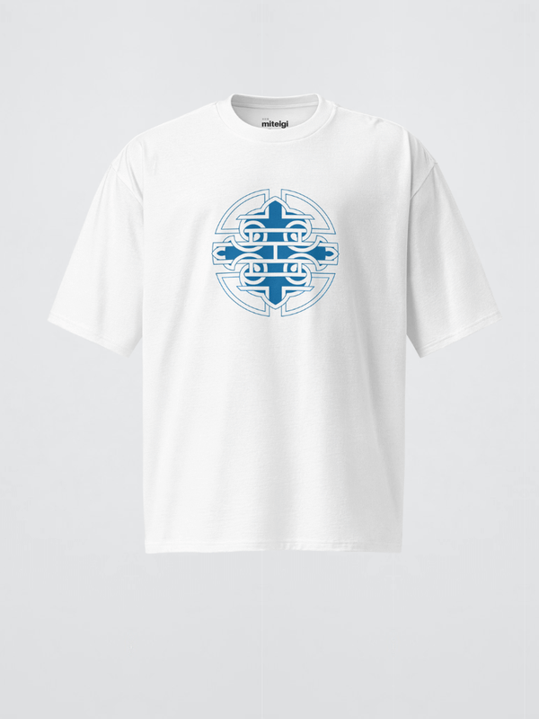 Genflex gender neutral unisex Men’s man mens Women’s woman womens petite-, tall-, plus-, size Chinese Graphic Crewneck logo print round crew O-neck short sleeves Oversized Japanese T-Shirts in white with blue accent