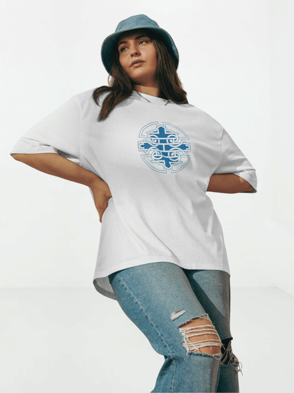 Genflex gender neutral unisex Men’s man mens Women’s woman womens petite-, tall-, plus-, size Chinese Graphic Crewneck logo print round crew O-neck short sleeves Oversized Japanese T-Shirts in white with blue accent