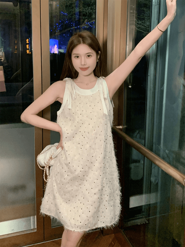 Women’s woman womens Elegant sweet cool pure princess Boatneck sleeveless bow tie strap heavy Feather tassel sequin short Skirts Street party fashion in beige-cream