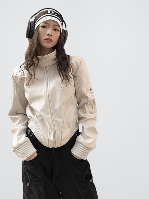 Women's woman womens petite-, tall-, plus-, size White Gothic PU Leather zipper close pockets Coat Vintage Streetwear Motorcycle Bikers Vintage Oversize Outerwear Y2K 2000s Clothes Spring Autumn Fall Jackets in Apricot-white