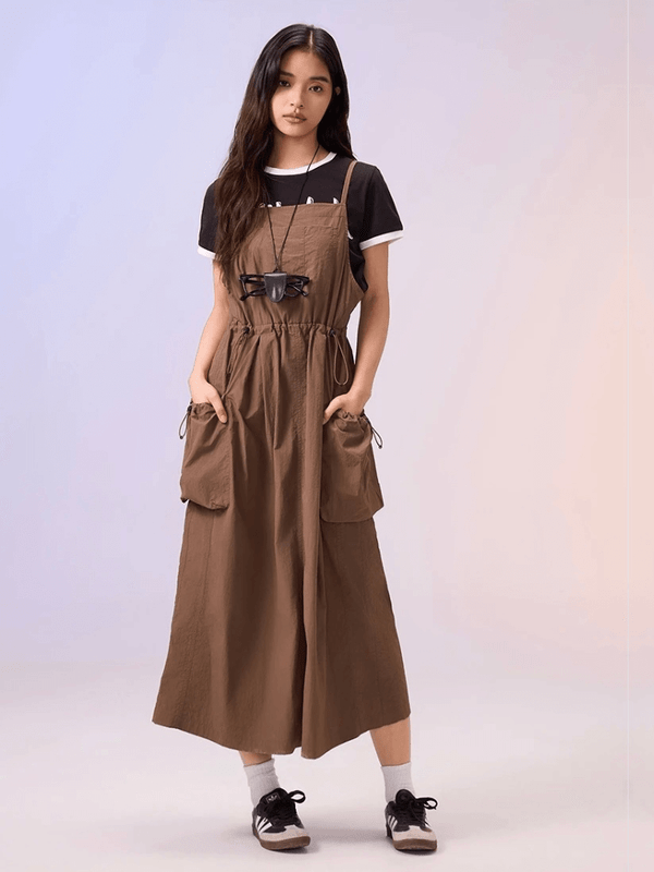 Women’s woman womens petite-, tall-, plus-, size Spring Summer Strap Sleeveless A-Line Square neck Fashion Solid Slip Casual patch pockets waist drawcord tie ruched Loose Overall midi Dresses in coffee brown