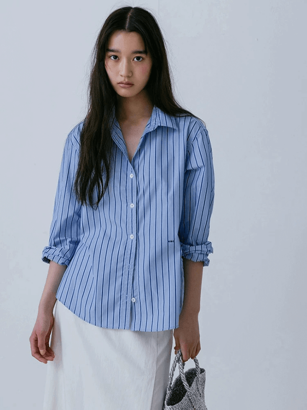 Women’s woman womens Freesize one size vertical stripes long sleeves turn-down collar casual urban Autumn Fall Winter cotton polyester breathable skin-friendly irregular bottoming hem striped shirts in blue