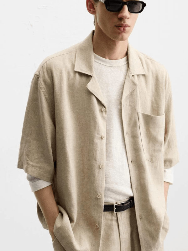 Men’s man mens petite-, tall-, plus-, size Loose Fit Linen Blend short three-quarter sleeves Bowling urban warmth turn-down collar button-up chest patch pocket casual shirts in light khaki beige, black
