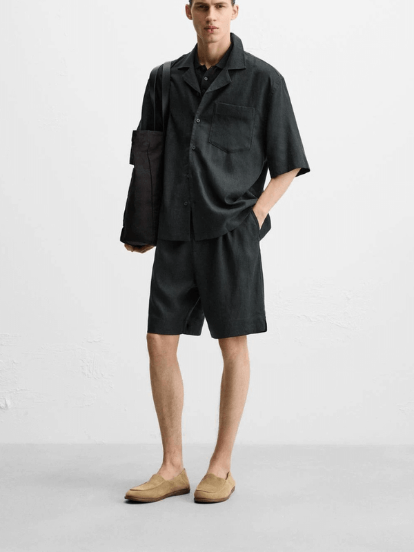 Men’s man mens petite-, tall-, plus-, size Loose Fit Linen Blend short three-quarter sleeves Bowling urban warmth turn-down collar button-up chest patch pocket casual shirts in black