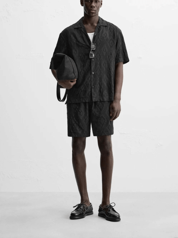 Men's man mens petite-, tall-, plus-, size Geometric Pattern Embroidered short sleeves with dropped shoulders casual loose cotton blend shorts turn-down collar button up shirt fashion Set Summer embroidery Collection in black