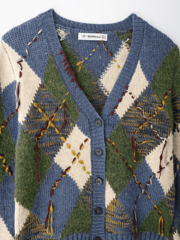 Women's Woman womens petite-, tall-, plus-, size Classic casual tassels diamond pattern knitted polyester fiber Cotton 100% blend long sleeves v-neck ribbed hem and cuffs open button-up close cardigans in blue multicolor