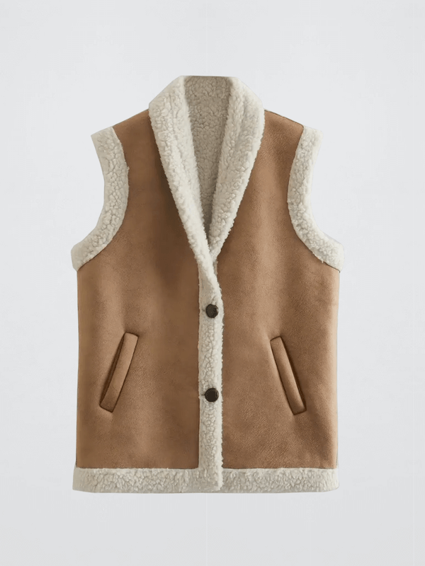 Women's woman womens Suede polyester fiber folded all-match sleeveless slit side pockets outerwear vests waistcoats Fashion outwear in beige with white trim