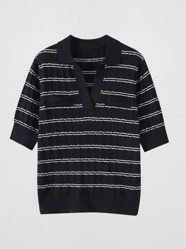 Women's woman womens Vintage classic ruched stripe knitwear short sleeves polyester cotton blend turn-down collar v-neck ribbed hem and trim Tops in dark navy blue with white accent