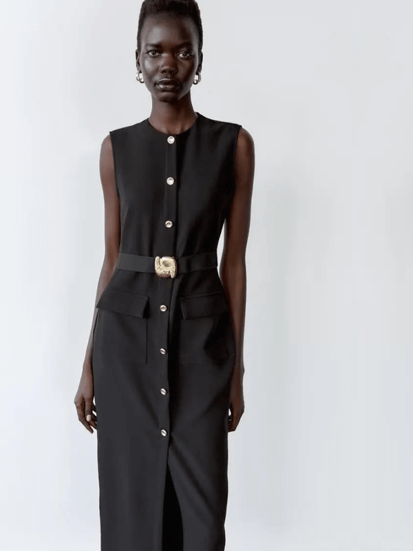 Women's woman womens Crewneck belted high-rise waist single buckle button decorated close sleeveless round o-neck polyester fiber commute wfh office workwear party midi dresses in black