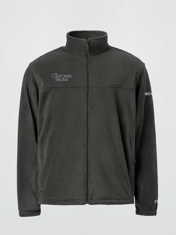 Genflex gender neutral unisex Men’s man mens Women's woman womens petite-, tall-, plus-, size Casual wfh office workwear miteigi x The California Wine Club turn-down collar zipper close long sleeves regular length polyester blend fleece textured zip-close slit side pockets Jackets Outerwear fashion outwear in Collegiate Navy blue with Gray grey logo