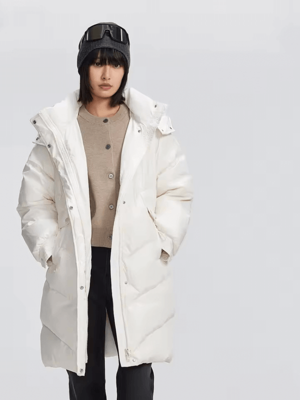 Women's woman womens petite-, tall-, plus-, size Winter 85% Duck Down Detachable Hood zipper button-up close slit side pockets ribbed trim Puffer Korean Style Mid-Length Lady hooded  coats outwear fashion outerwear jacket in Gardenia white
