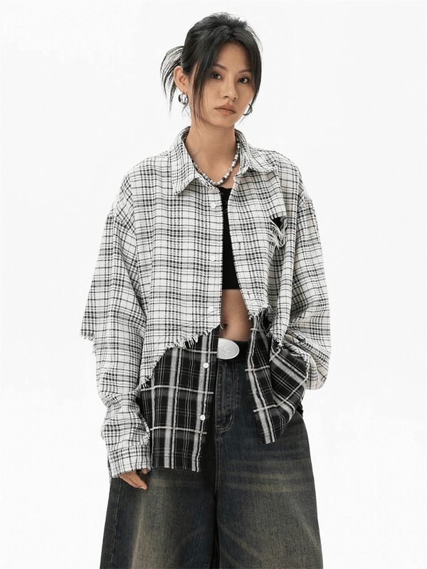 Women’s woman womens petite-, tall-, plus-, size Japanese Harajuku Female Plaid Elegant turn-down collar button-up irregular hem two twin Distressed holed ripped frayed Shirts and Blouses Korean Luxury Clothes Y2K Vintage Tops in white with black accent