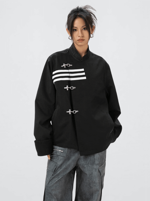 Women's woman womens petite-, tall-, plus-, size Chinese style mandarin collar long sleeves with turn-up cuffs, metal irregular diagonal styled latch button lock close slit side pockets Oversize clothing Trend external clothes Jackets Blazer outwear Fashion outerwear in black with white accent