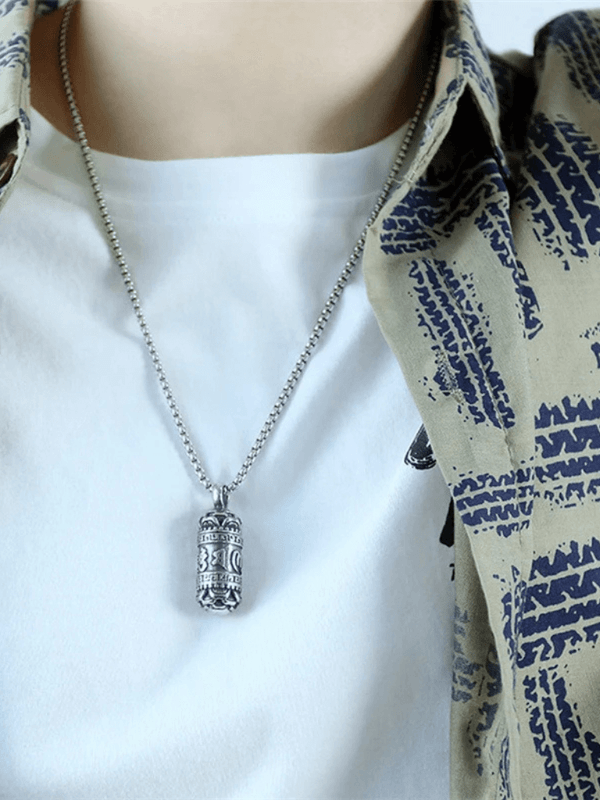Men's Mans mens Six-Words Cylindrical Pendant Vintages Stainless Steel Lucky Amulet Male Retro jewelry in silver color