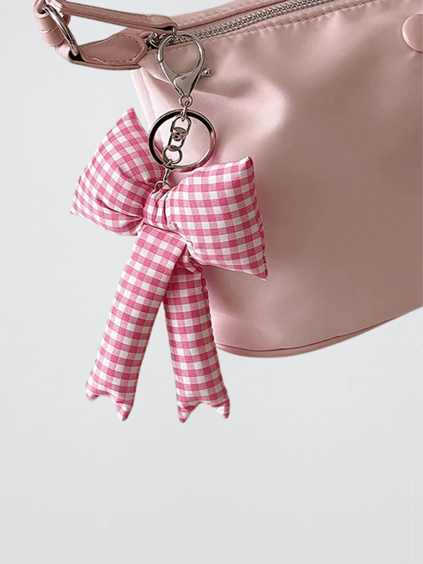 Trendy Checkered Bowknot Sweet Bow Keyring For Women Girls Fashion Backpack Hanging Decoration Keychain Charm Pendant Gifts in Pink with white