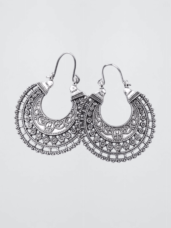 Women’s woman Boho Bohemian Ancient Tibetan Filigree Flower Ornate Earring Vintage Jewelry Carving Hollow Gypsy Tribal Heart crescent moon shape Earrings in silver color