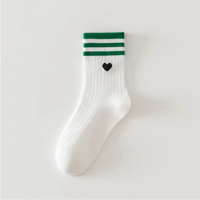 Women's woman womens Versatile Kawaii Style Autumn and Winter Medium Fashion Love Embroidery Pattern Stripes Cotton Cute ribbed crew Socks in Green, with white, black