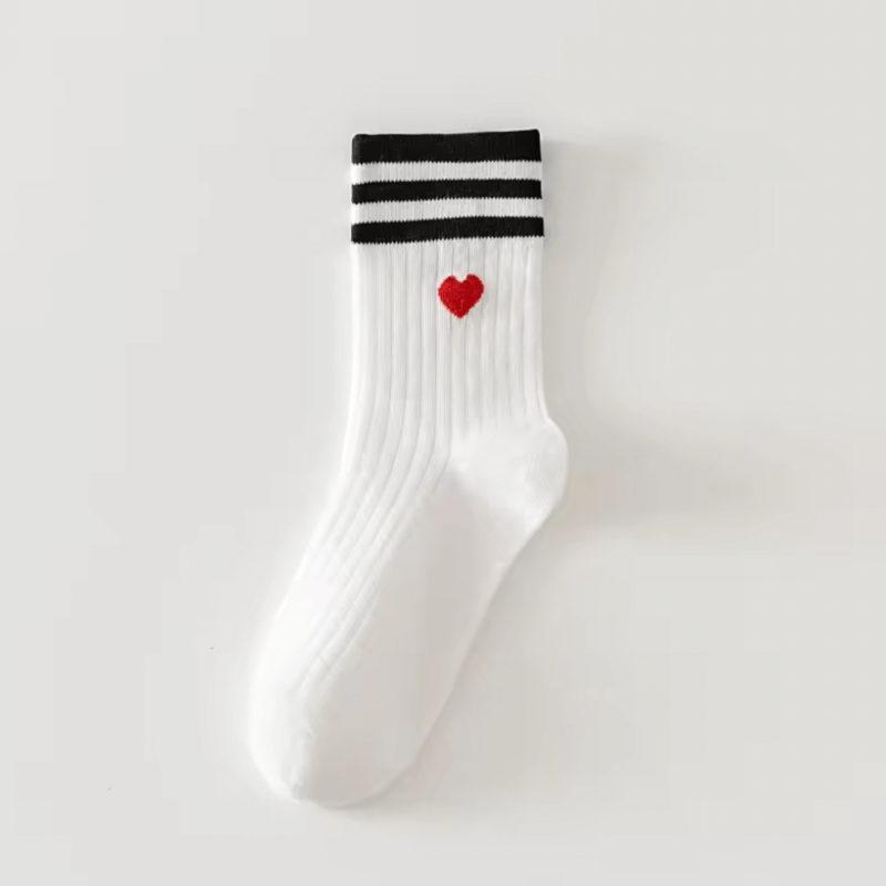 Women's woman womens Versatile Kawaii Style Autumn and Winter Medium Fashion Love Embroidery Pattern Stripes Cotton Cute ribbed crew Socks in White, with black, red,