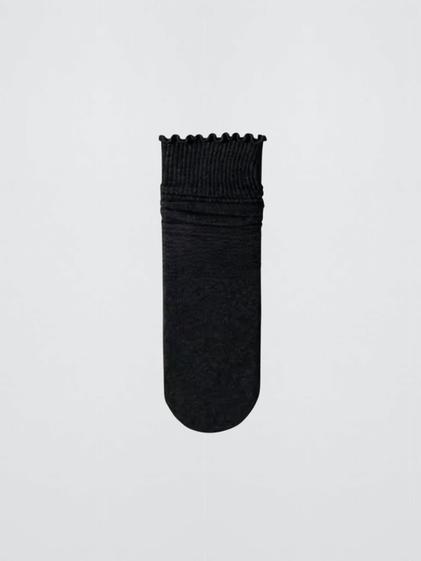 Women’s woman womens 1 Pair Autumn and Winter Solid Color Wooden Ear Ruffle Edge Mid-tube ruffles Cotton Casual Pile Medium Long ruffled Stockings Socks 1-Pair in black