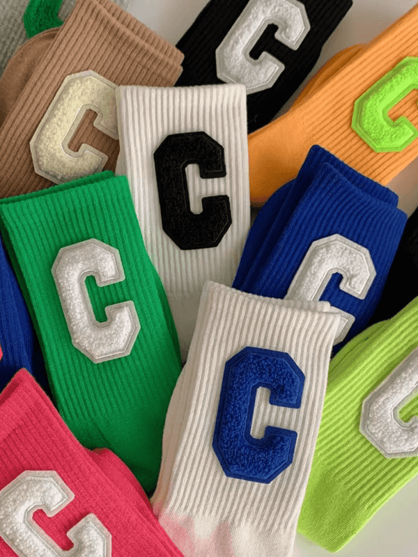 Genflex Gender Neutral unisex Women’s woman womens Men’s man mens genderfluid Autumn Fall, Winter and Spring Korean Colorful Big C Letter Cotton Breathable Fashion Hip Pop Street Sports Ribbed Crew Socks in White, with black, Black, with white, White, with blue, White, with green, Black, with green, Green, with white, Rose red pink, with white, Blue, with rose red pink, Lime green, with white, Blue, with white, Mango orange, with light green, Dessert brown, with cream, Gray, with green