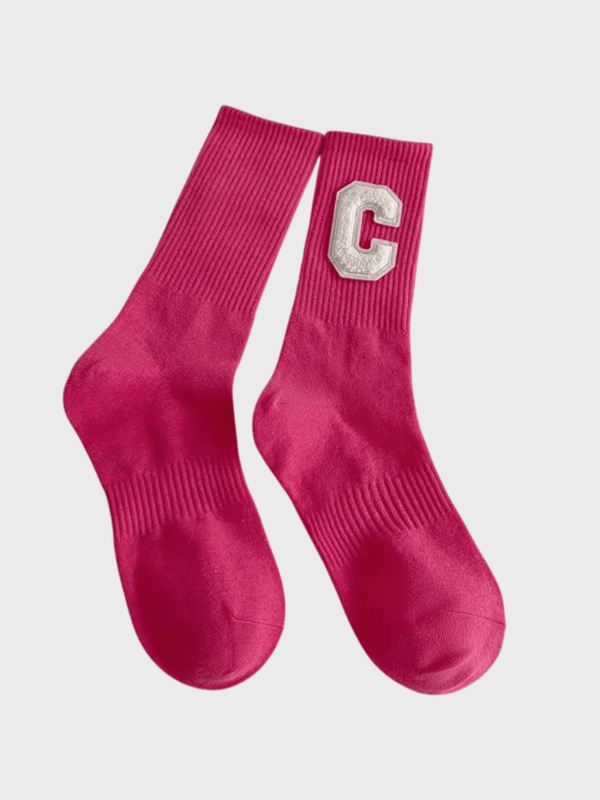 Genflex Gender Neutral unisex Women’s woman womens Men’s man mens genderfluid Autumn Fall, Winter and Spring Korean Colorful Big C Letter Cotton Breathable Fashion Hip Pop Street Sports Ribbed Crew Socks in Rose red pink, with light green,