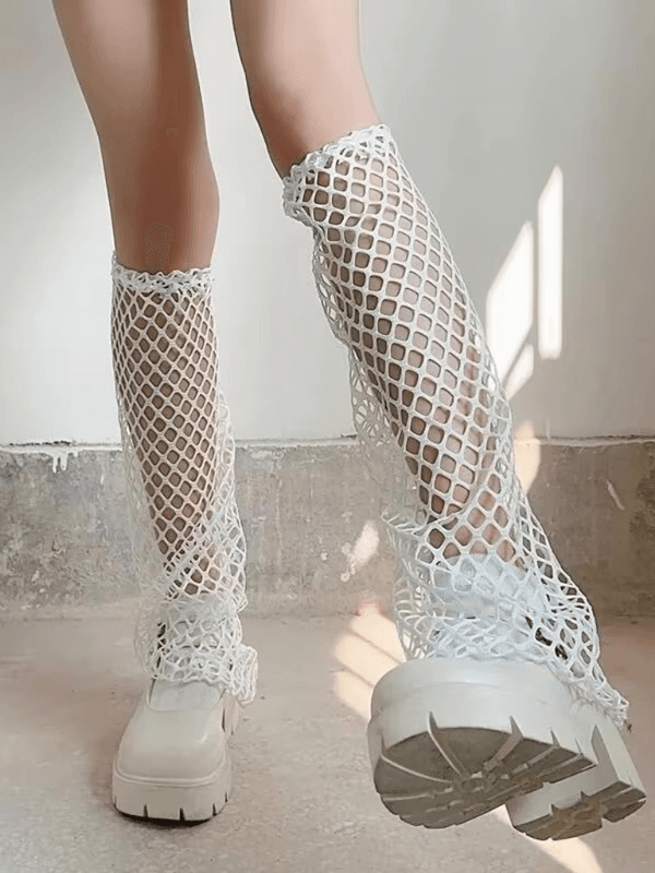 Women’s woman womens Lolita Style Outdoor Knee High Elastic Cool Steampunk Punk Gothic Summer JK Fishing Net Long Socks Leg Warmers for Girl in white fishnets