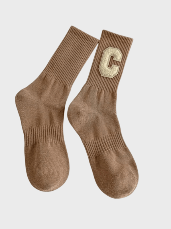 Genflex Gender Neutral unisex Women’s woman womens Men’s man mens genderfluid Autumn Fall, Winter and Spring Korean Colorful Big C Letter Cotton Breathable Fashion Hip Pop Street Sports Ribbed Crew Socks in desert brown, with cream