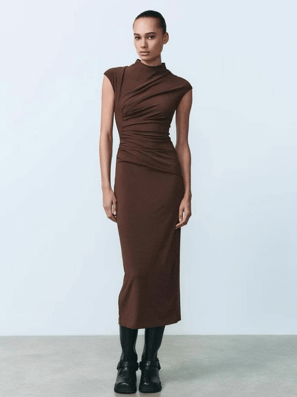 Spring Women's woman womens petite-, tall-, plus-, size Long Knitted Vest sleeveless Stand mandarin Collar H-Line Polyester Fiber Commute wfh office party wear ruched midi dresses in brown