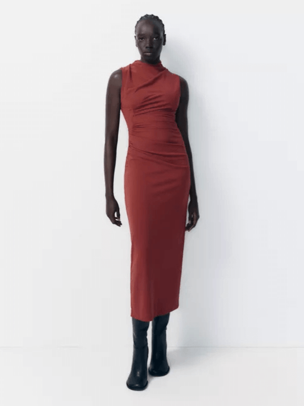 Spring Women's woman womens petite-, tall-, plus-, size Long Knitted Vest sleeveless Stand mandarin Collar H-Line Polyester Fiber Commute wfh office party wear ruched midi dresses in red