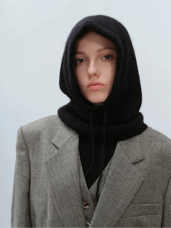 Women’s woman womens High quality ribbed Balaclava Rabbit fur Knitted Fashion Solid Cap Autumn Winter Hats Korean designer Warm Pullover Snood Hats in Black
